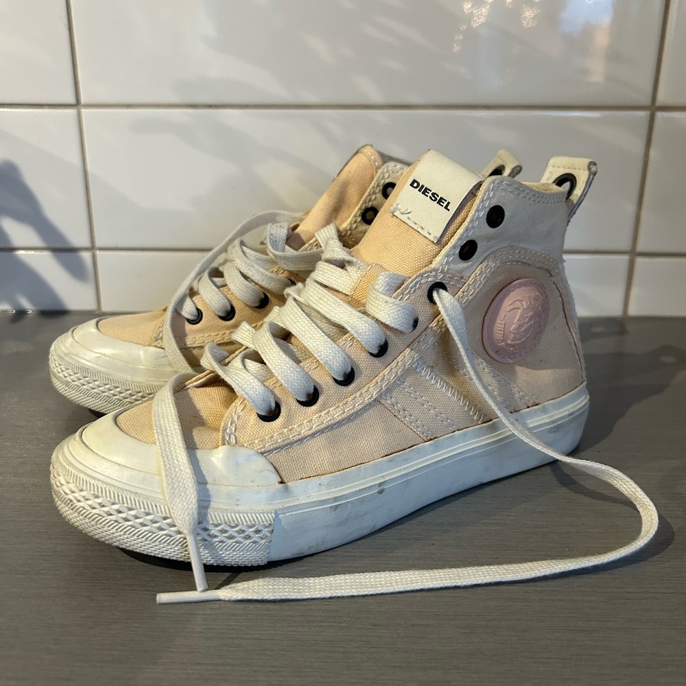 Diesel S-Astico Canvas Cream and White High-Top Sneakers - Picture 3 of 7